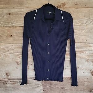 Theory Size Large Navy Ribbed Button-Down Shirt with Collar Trim NWT